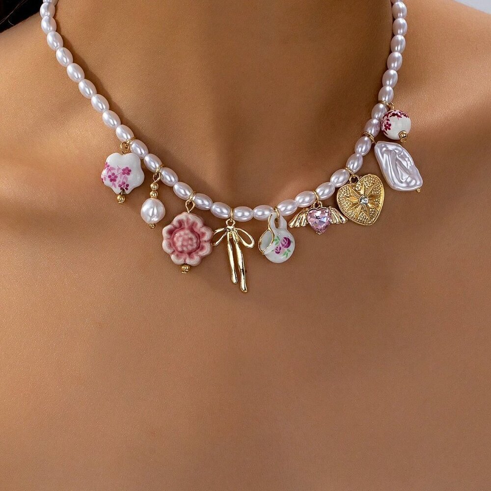 Multicolor Boho Women's Handmade Ceramic Flower Tea Cup Beaded Necklace